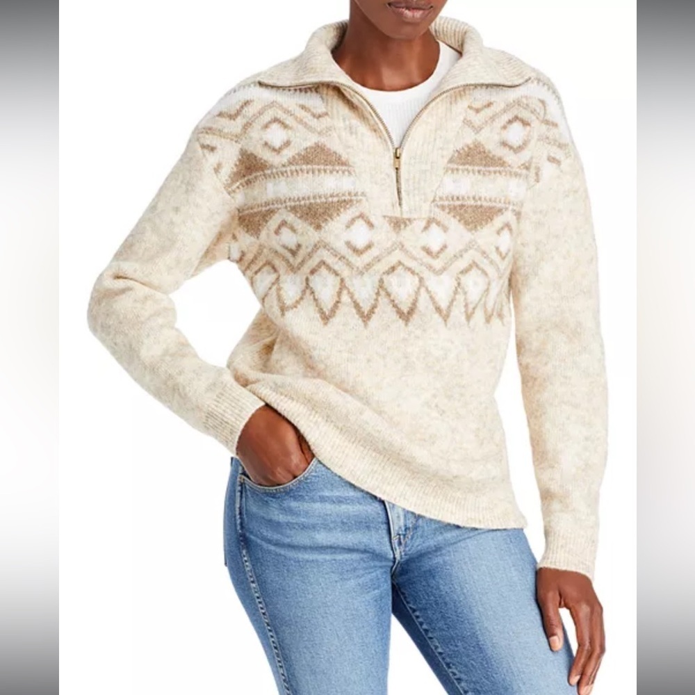 Bloomingdale’s Aqua Quarter Zip Sweater Large Spread Collar Tan Argyle